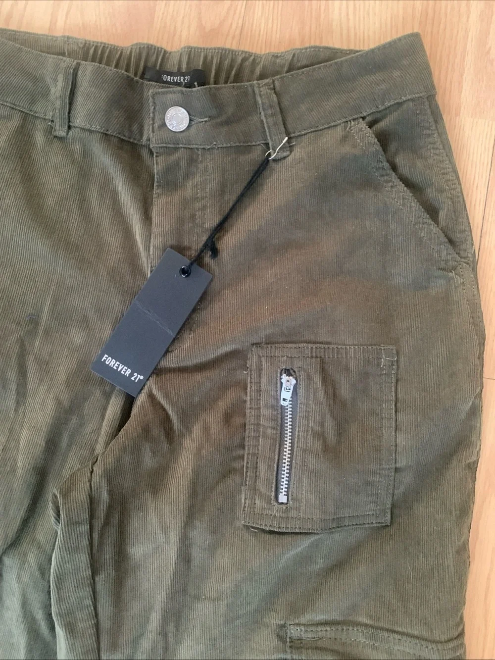 Forever 21 Olive Green Corduroy Straight Leg Cargo Pants Hippie Elastic Waist S